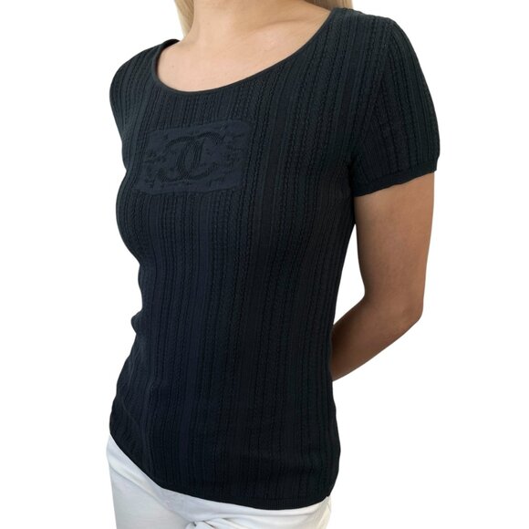 CHANEL Vintage 04P CC Mark Logo Mesh Knit T-shirt Top #38 Black Cotton  [106484] - Picture 2 of 10